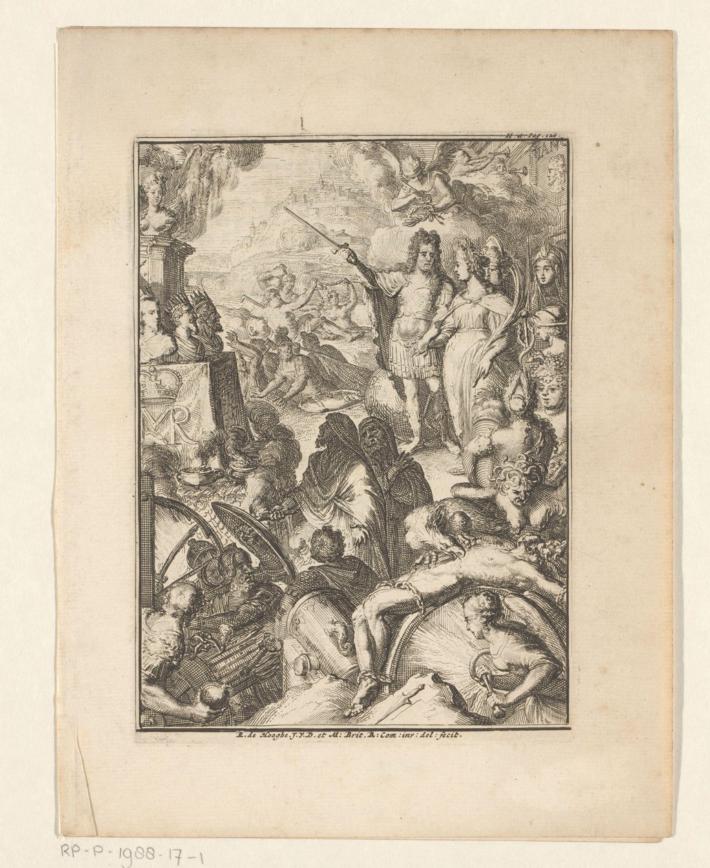 Stadholder William III og Mary Stuart midt i mytiske skikkelser av Romeyn de Hooghe