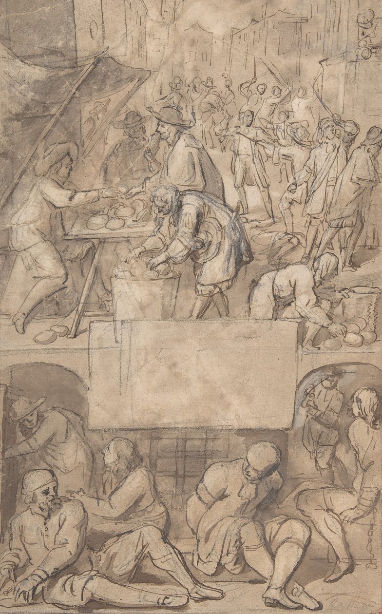 Studie for en tittelside: Allegory of Commerce and a Debtor