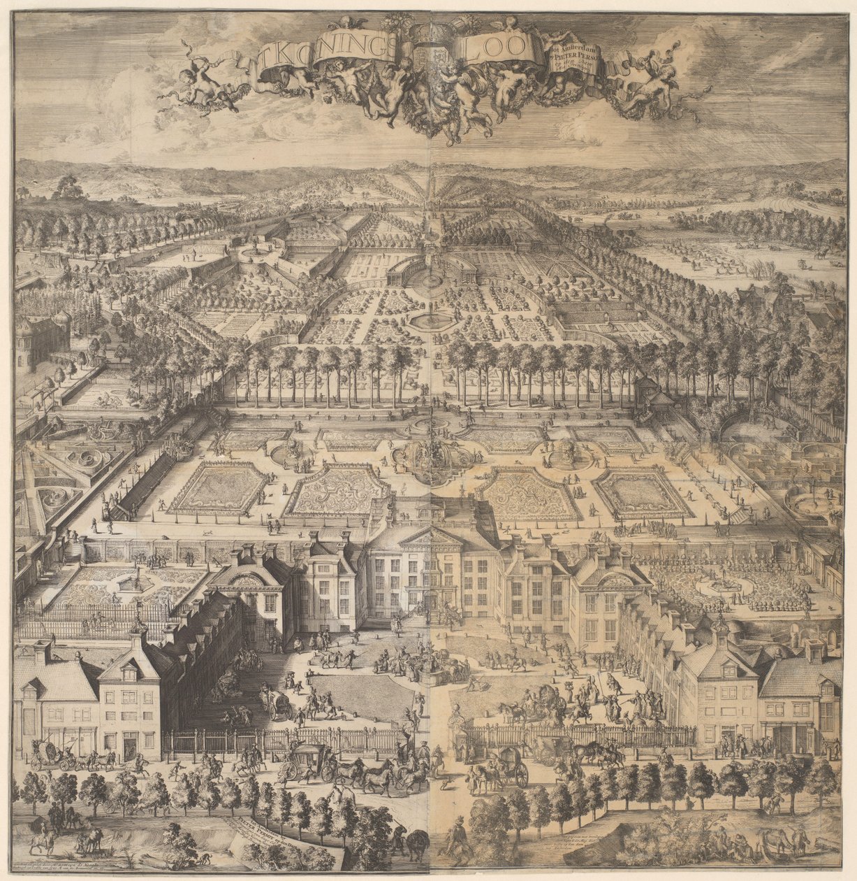 'T Konings Loo (tittel på objekt) Utsikt over Paleis Het Loo, tilhørende bygninger og tilhørende park (serietittel) av Romeyn de Hooghe