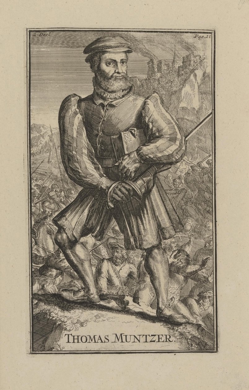 Thomas Muntzer (Munzer) (ca. 1489-1525), omreisende prest og religiøs leder av bondekrigen i Tyskland - Barokk: Portrett av Thomas Muentzer av Hooghe, Romeyn de (1645-1708) av Romeyn de Hooghe