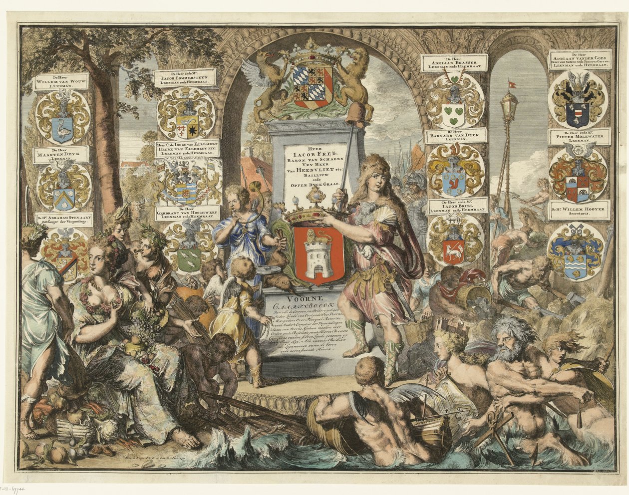 Titteltrykk Caartboeck van Voorne, 1701 Voorne Caart-Boeck av alle landsbyer, og poldere lokalisert Inden Lande van Oost, ende West Voorne (...) 7. juni 1695. Som da Bailliuw ende Leenmannen var de ovennevnte og de tilstøtende Lords. (tittel på objekt) av Romeyn de Hooghe