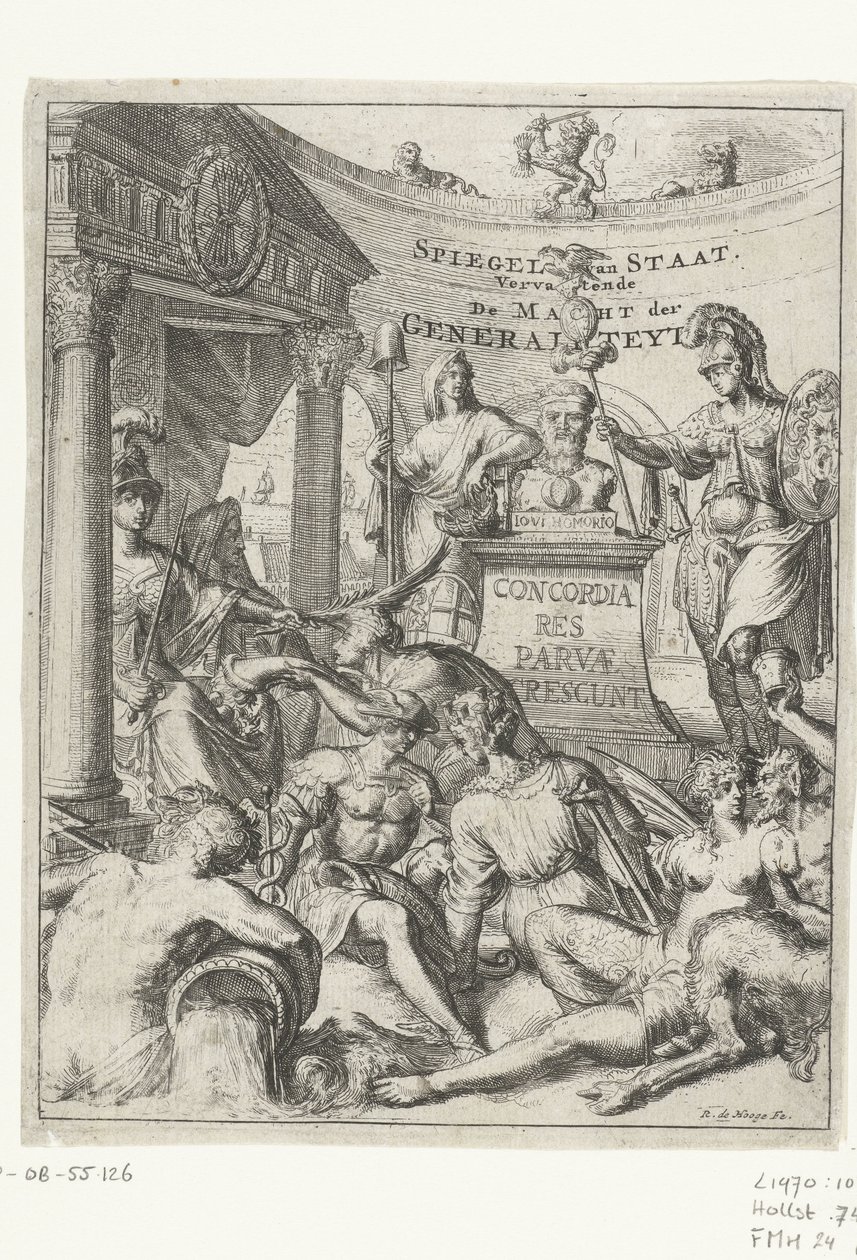 Titteltrykk for del 2 av 'Spiegel van Staat' av Romeyn de Hooghe Spiegel van Staat. Inneholder kraften til generaliteten (tittel på objekt) av Romeyn de Hooghe