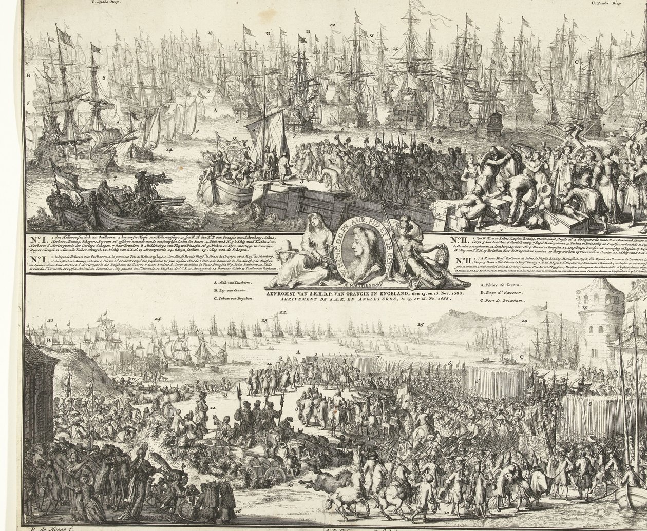 Reise til William III til England, 1688 Avgang av S.K.H. etter England, den 11. nov. 1688 / Ankomst av S.K.H.D.P. av Orange i England, 15. og 16. nov. 1688 (tittel på objekt) Avdeling for S.A.R. pour Angleterre, Le 11. No. 1688 / Arrival de S.A av Romeyn de Hooghe