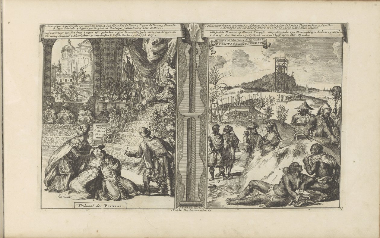 Tribunaal i Perzie; Khoikhoi i Guineers Court of the Persians // Hottentots in Guineesche / Hottentots and Inhabitants of Guinea (tittel på objekt) Øst- og Vestindia og andre steder (serietittel) av Romeyn de Hooghe