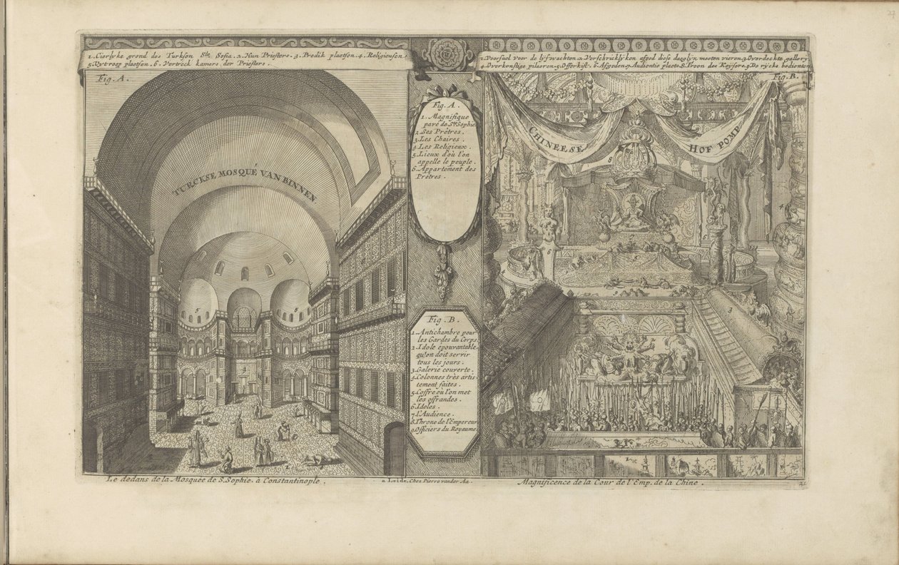tyrkisk moske i Konstantinopel; Keizerlijkhof i Kina Turksche håner van binnen / Interiøret i S. Sophia-moskeen, i Konstantinopel // Kinesisk Hof Pomp / Prakt ved domstolen i Emp. fra Kina. (tittel på objekt) Øst-India og O av Romeyn de Hooghe