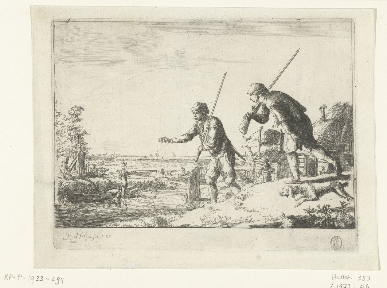 To soldater ved bredden av en elv av Romeyn de Hooghe