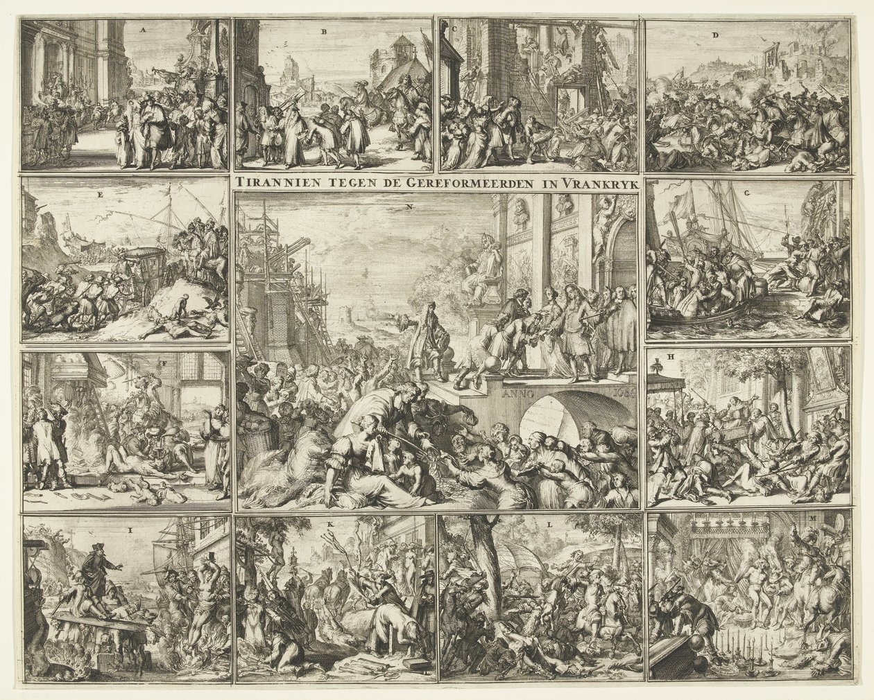 Forfølgelse av protestanter i Frankrike etter opphevelsen av ediktet av Nantes, 1685-1686 Tyrann mot de reformerte i Vrankrijk (tittel på objekt) av Romeyn de Hooghe