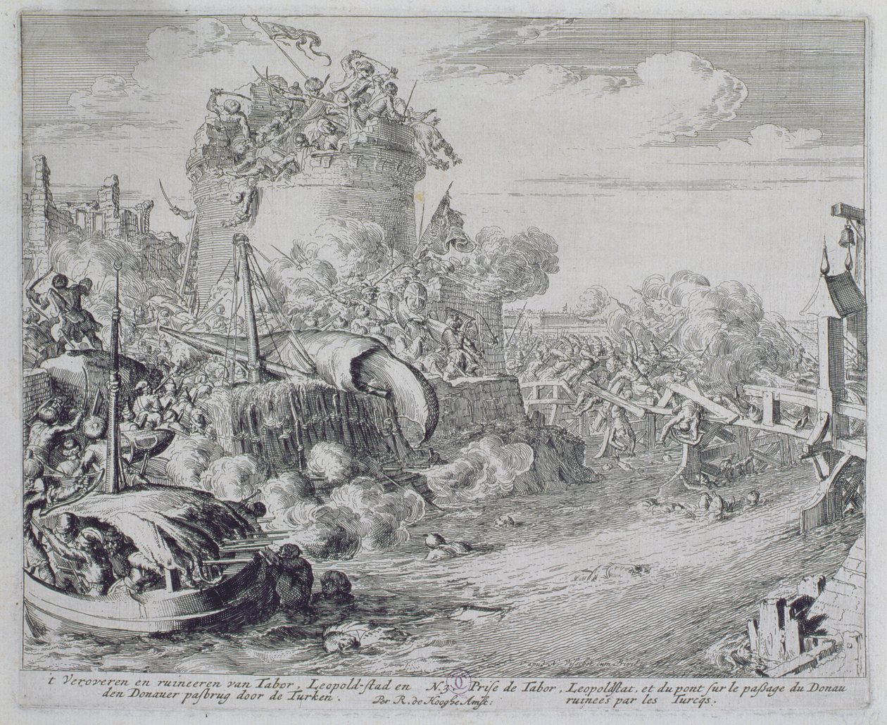 Vienna Print Cycle, erobre Tabor Island i utkanten av Leopoldstadt, 1683 av Romeyn de Hooghe