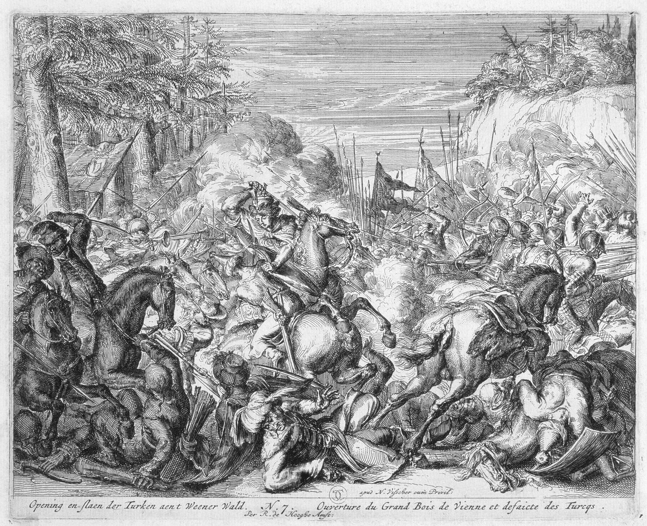 Vienna Print Cycle, polsk kavaleri begynner slaget i Wien-skogen, 1683 av Romeyn de Hooghe