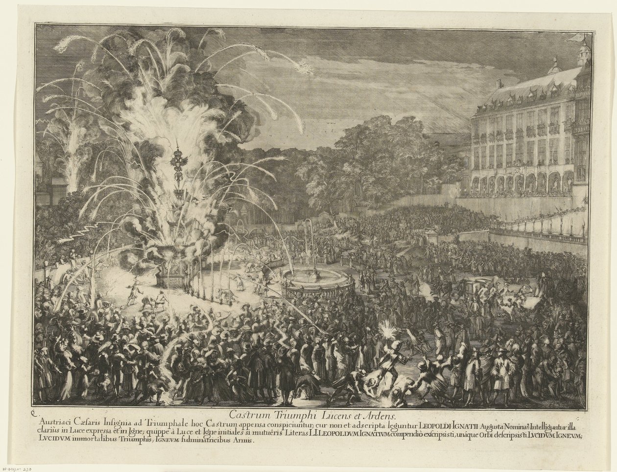 Fyrverkeri i slottshagen, 1686 Castrum Triumphi Lucens et Ardens (tittel på objekt) Leopold I:s inntreden i Brussel etter å ha beseiret tyrkerne, 1686 (serietittel) av Romeyn de Hooghe