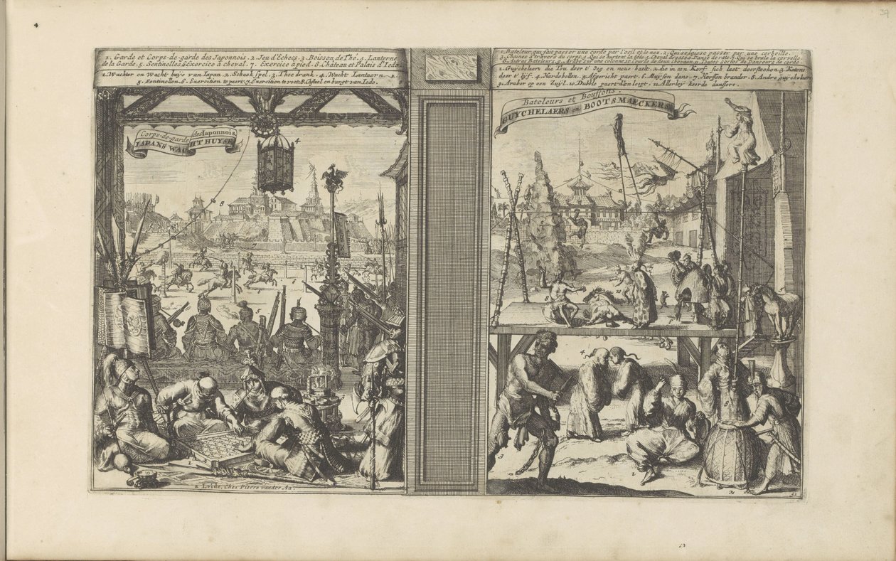 Vakthus i Japan; Magikere og akrobater Japans Wacht Huyse / Corps-de-garde des Japonnois // Guychelaers and Bootsmaeckers (tittel på objekt) Les Indes Orientales et Occidentales et autres lieux (serietittel) av Romeyn de Hooghe