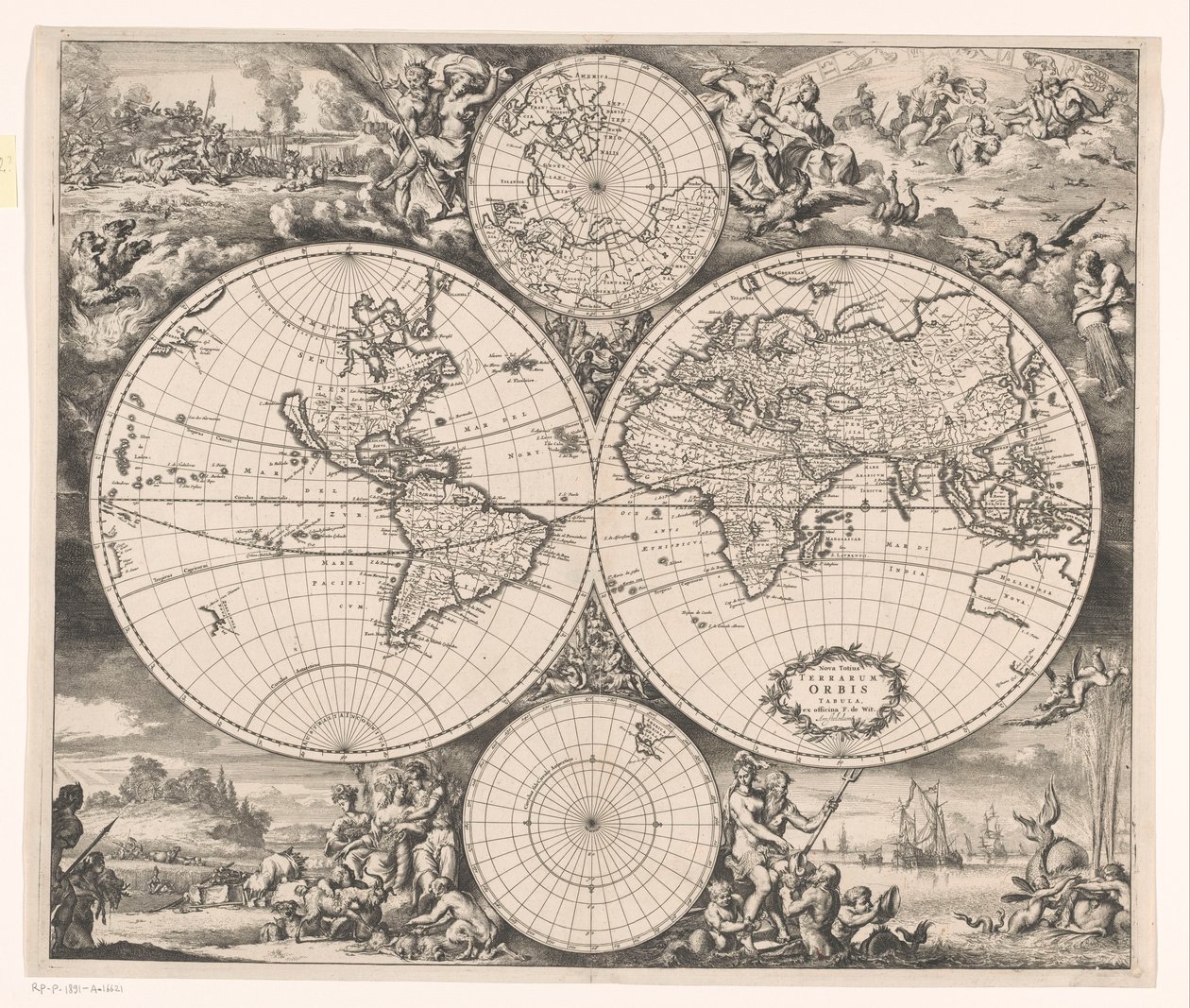 Verdenskart med en allegori over de fire elementene Nova totius terrarum orbis tabula (tittel på objekt) av Romeyn de Hooghe