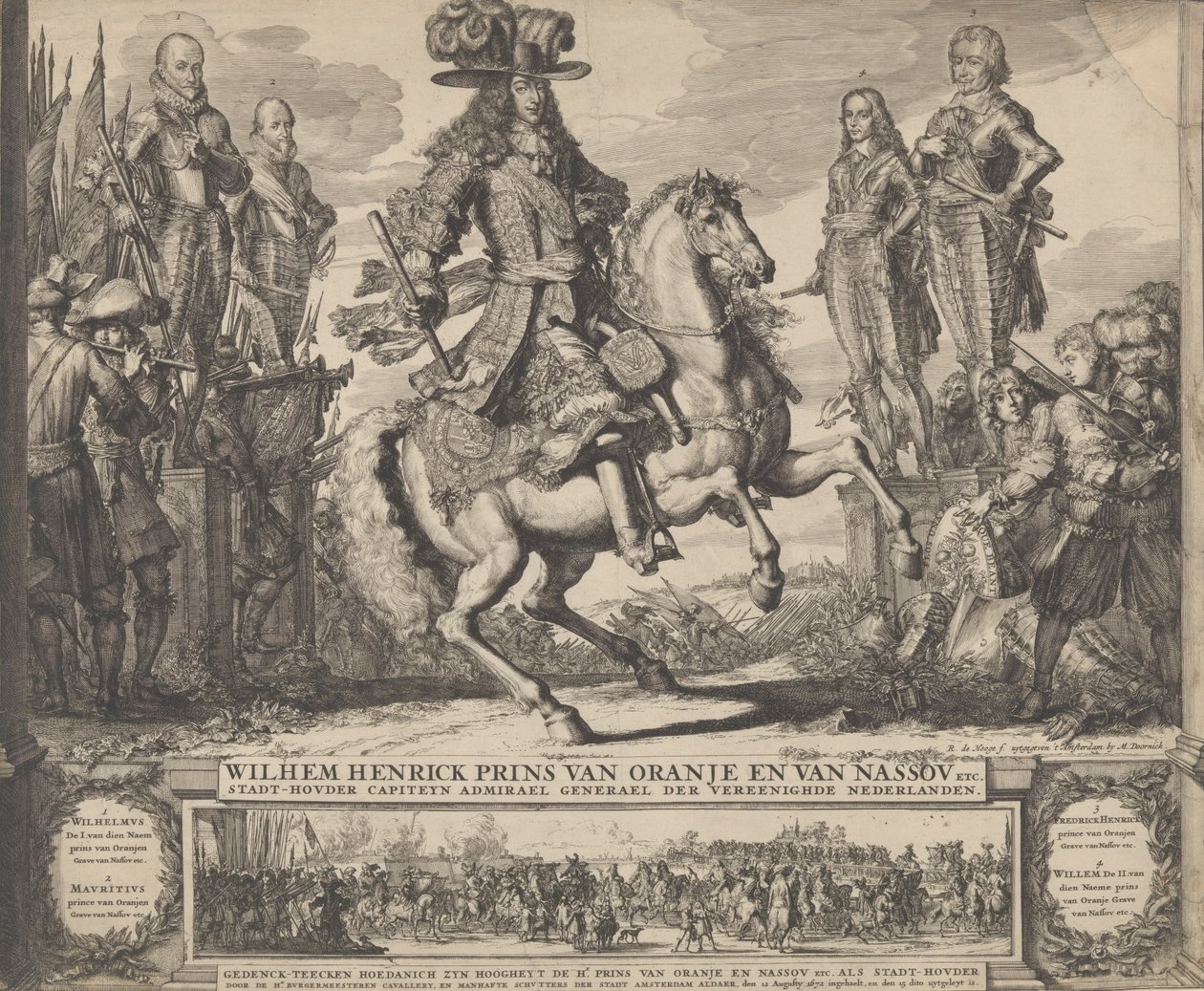 William III som prins av Orange, med de fire foregående Stadthouders, William I, Maurice,..., n.d. av Romeyn de Hooghe