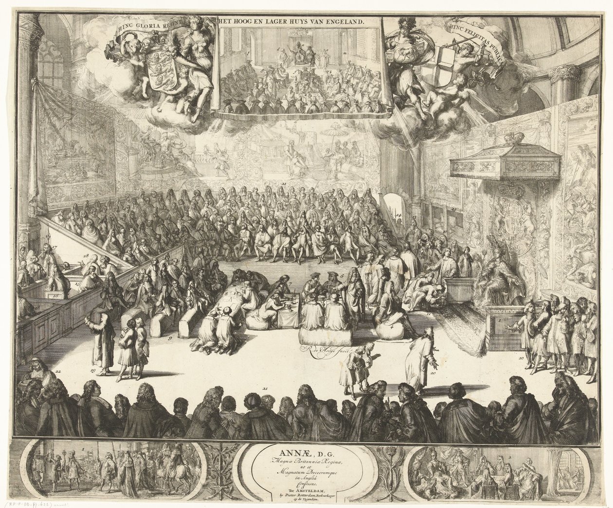 Zitting van het Lagerhuis met koningin Anna op de troon, 1702 Anna, DG for dronningen av Storbritannia, ut et Magnatum Proceorum i Anglia Confessus (tittel på objekt) av Romeyn de Hooghe