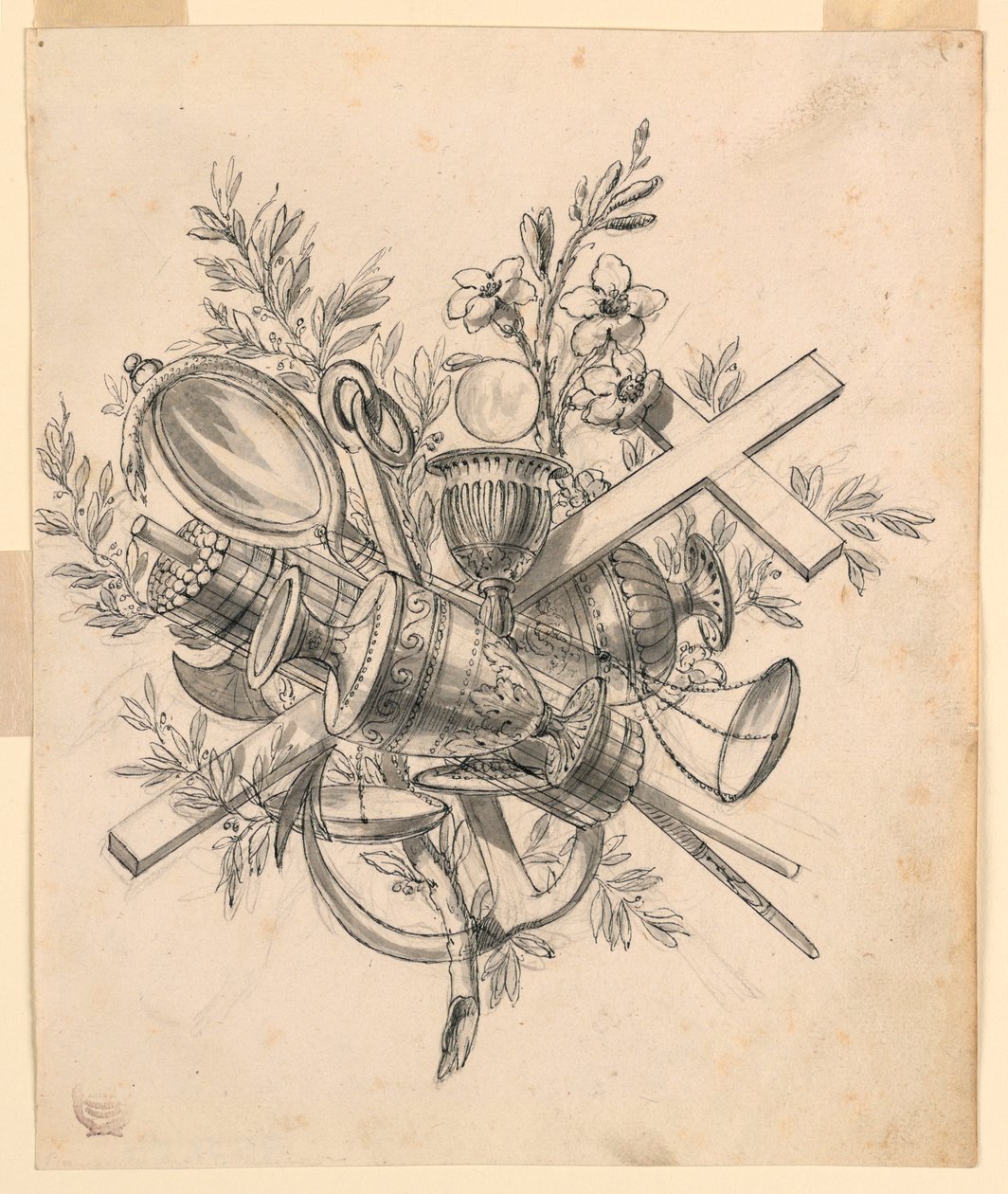 Tegning, trofé med dydernes symboler, 1830–1850 av Romolo Achille Liverani