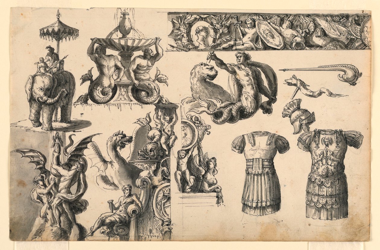 Dekorative motiver, tre design for fontener av Romolo Achille Liverani
