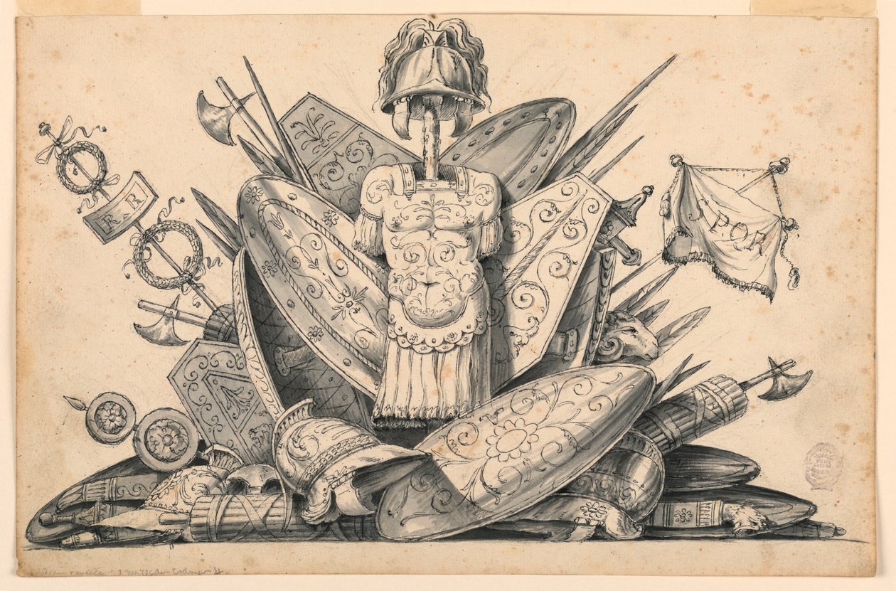 Tegning, våpentrofé, 1830–1850 av Romolo Achille Liverani