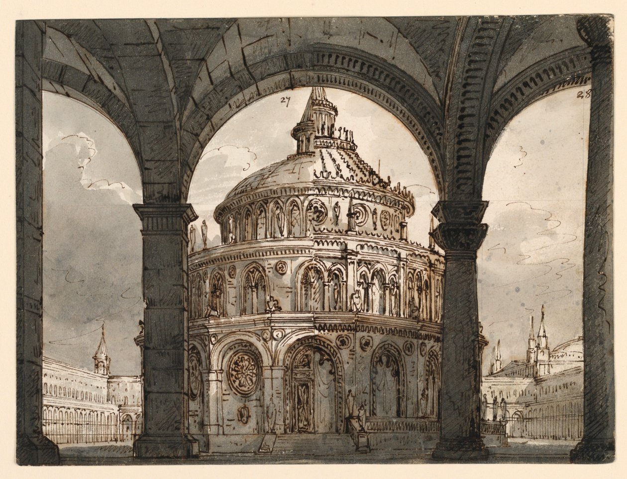 Scenedesign, Atrium med Hospitallernes tempel for Operaen "La Straniera" av Vincenzo Bellini av Romolo Achille Liverani