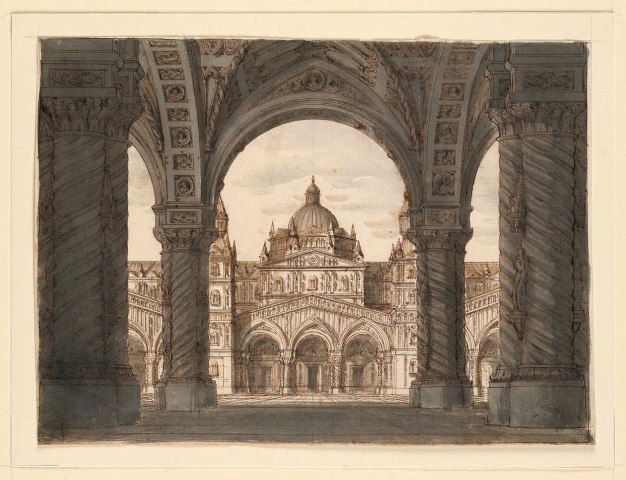 Scenedesign, kirkefasade fra en loggia, I due Valdomiri av Felice Romani, musikk av Pietro de Winter. Fremført på La Scala, Milano, 1818 av Romolo Achille Liverani