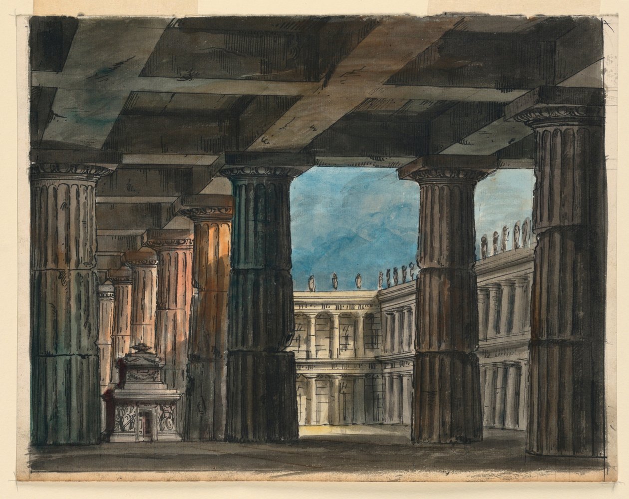 Scenografi, klassisk loggia og gårdsplass av Romolo Achille Liverani