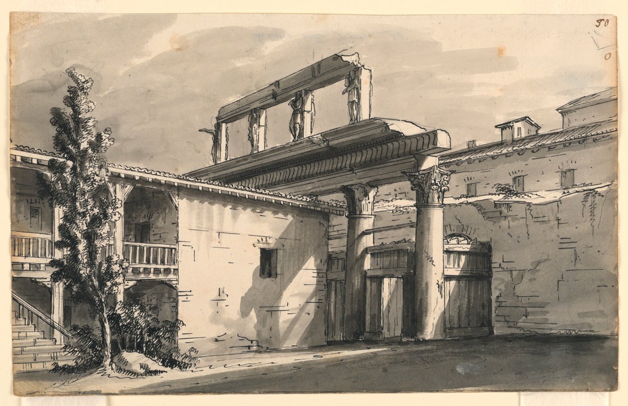 Scenedesign, domstol blant ruiner av Romolo Achille Liverani