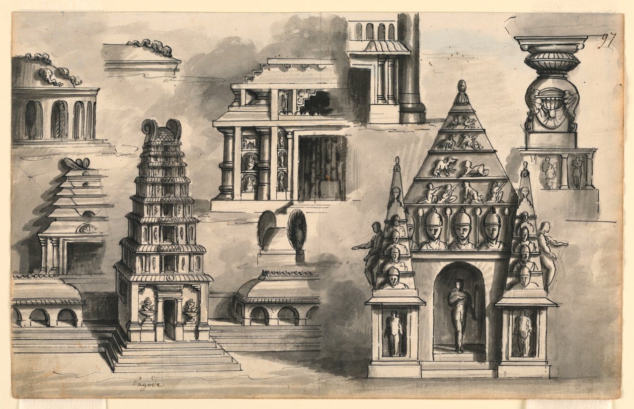 Scenedesign, detaljer om indiske templer av Romolo Achille Liverani