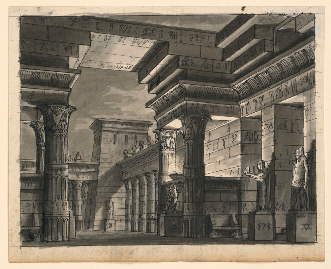 Scenedesign, egyptiske bygninger av Romolo Achille Liverani