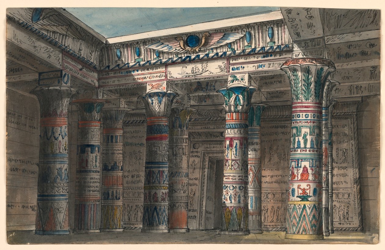 Scenedesign, egyptisk gårdsplass av Romolo Achille Liverani