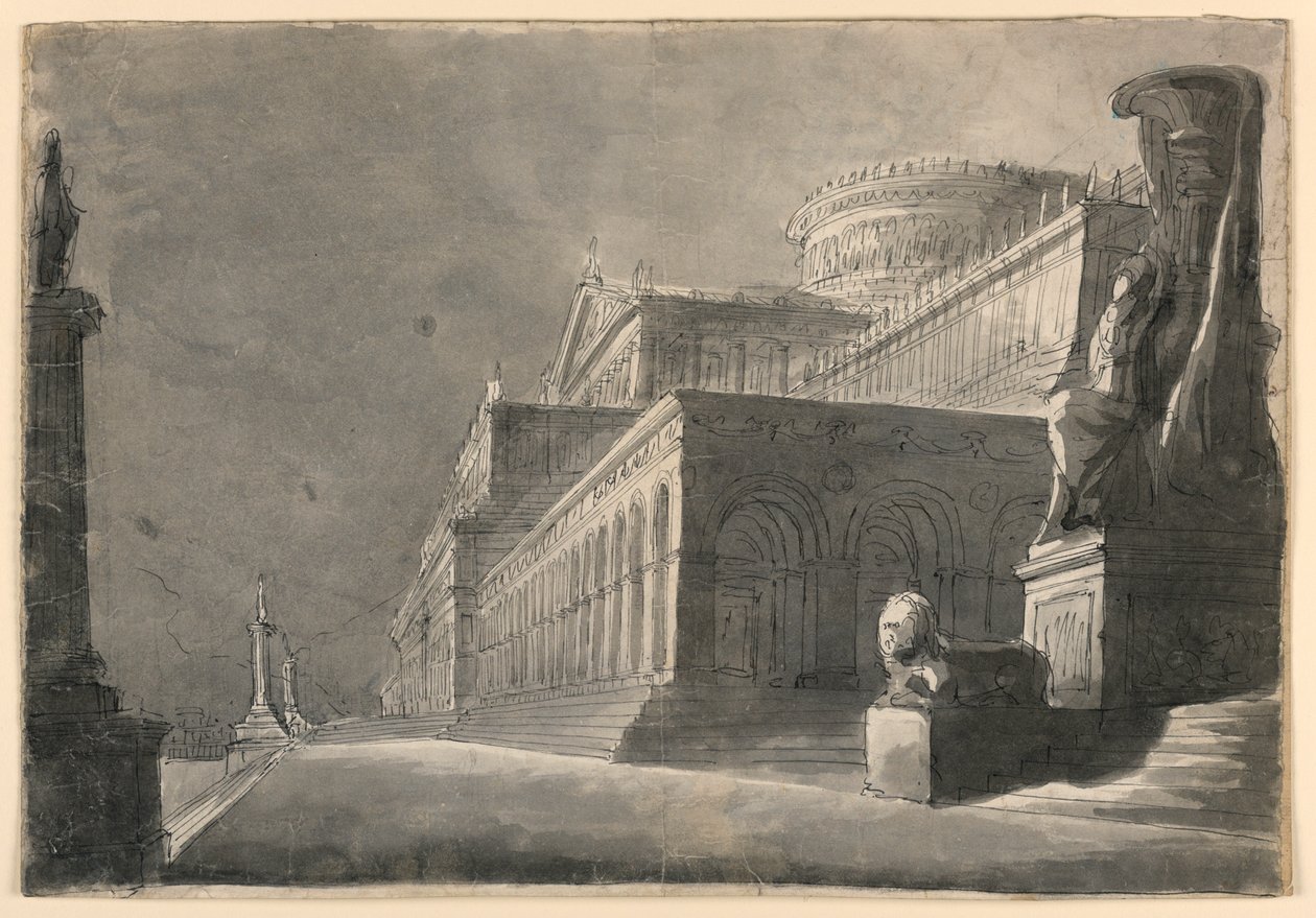 Scenedesign, eksteriør av Enormous Palace av Romolo Achille Liverani