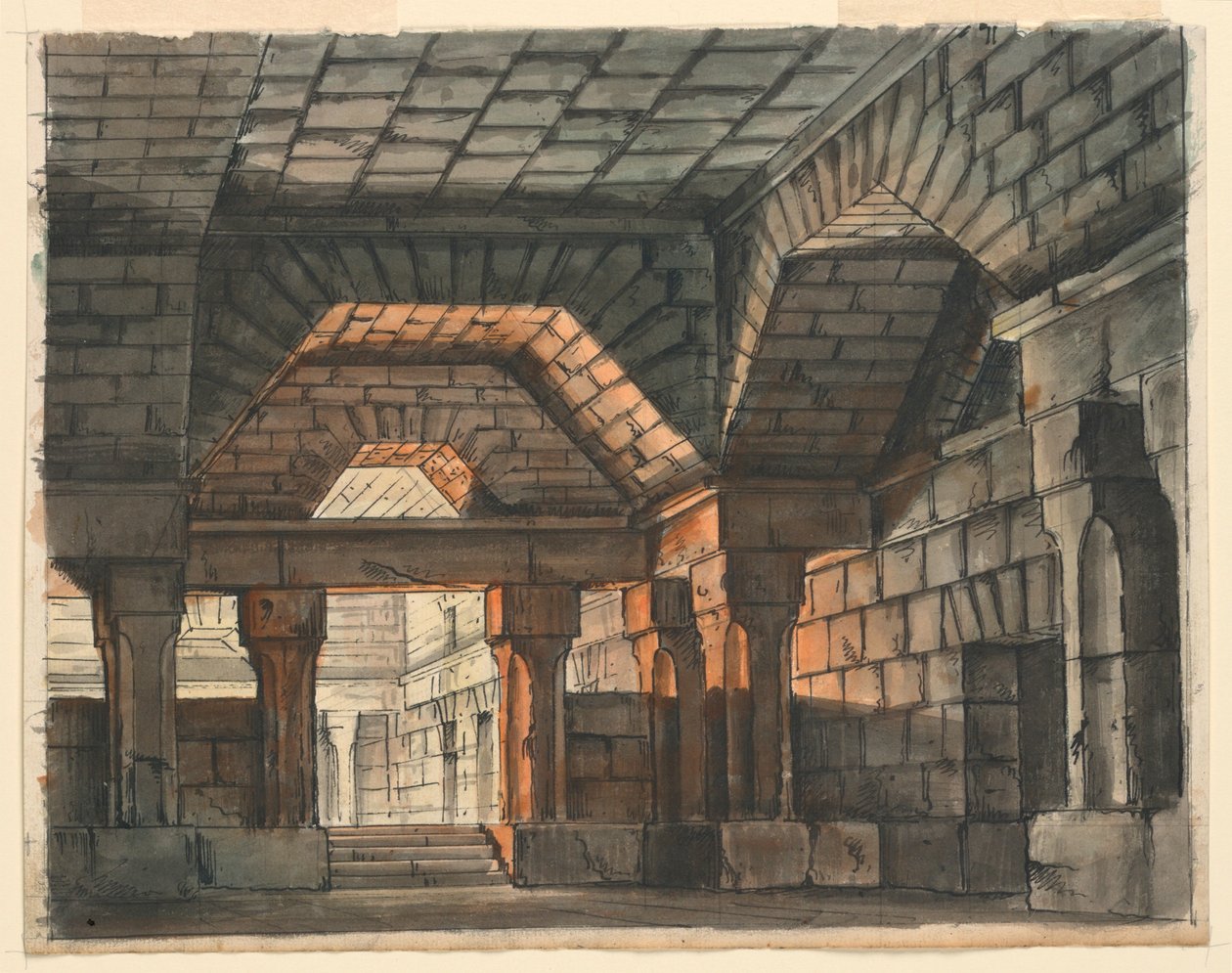Scenedesign, befestet slottsinteriør for "Ciro in Babilonia" av Gioachino Rossini, La Scala, Milano, 1818, "Underground Prison" av Romolo Achille Liverani