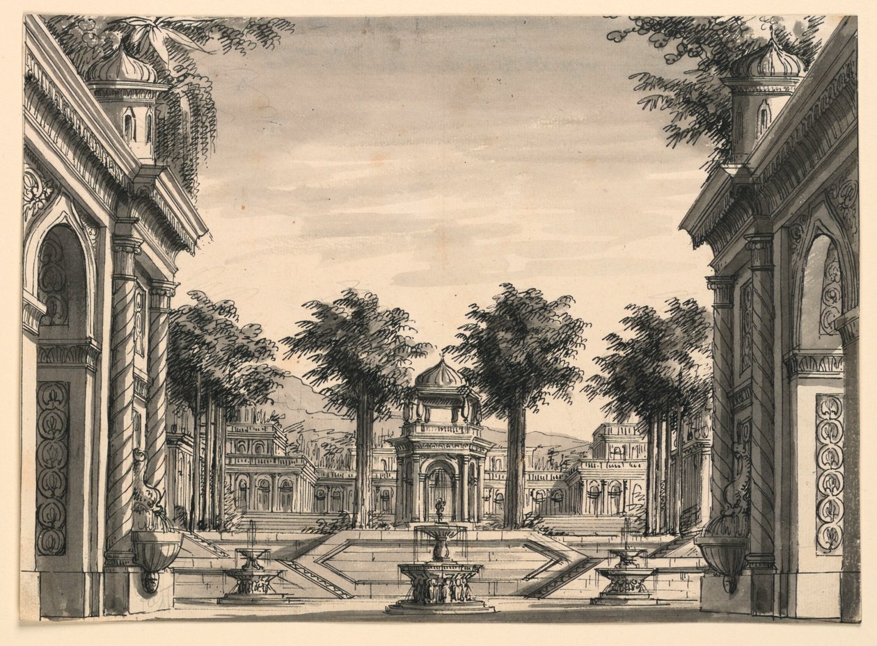 Scenedesign, Indian Palace Garden for balletten "Genghis Khan" av Luigi Henry av Romolo Achille Liverani