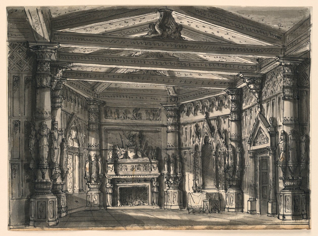 Scenedesign, interiør i Gothic Hall av Romolo Achille Liverani