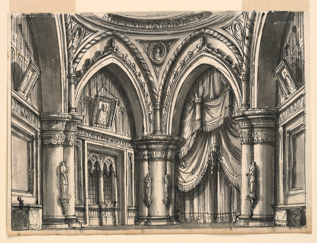 Scenedesign, interiør i High Gothic Hall med Ogival Arches av Romolo Achille Liverani