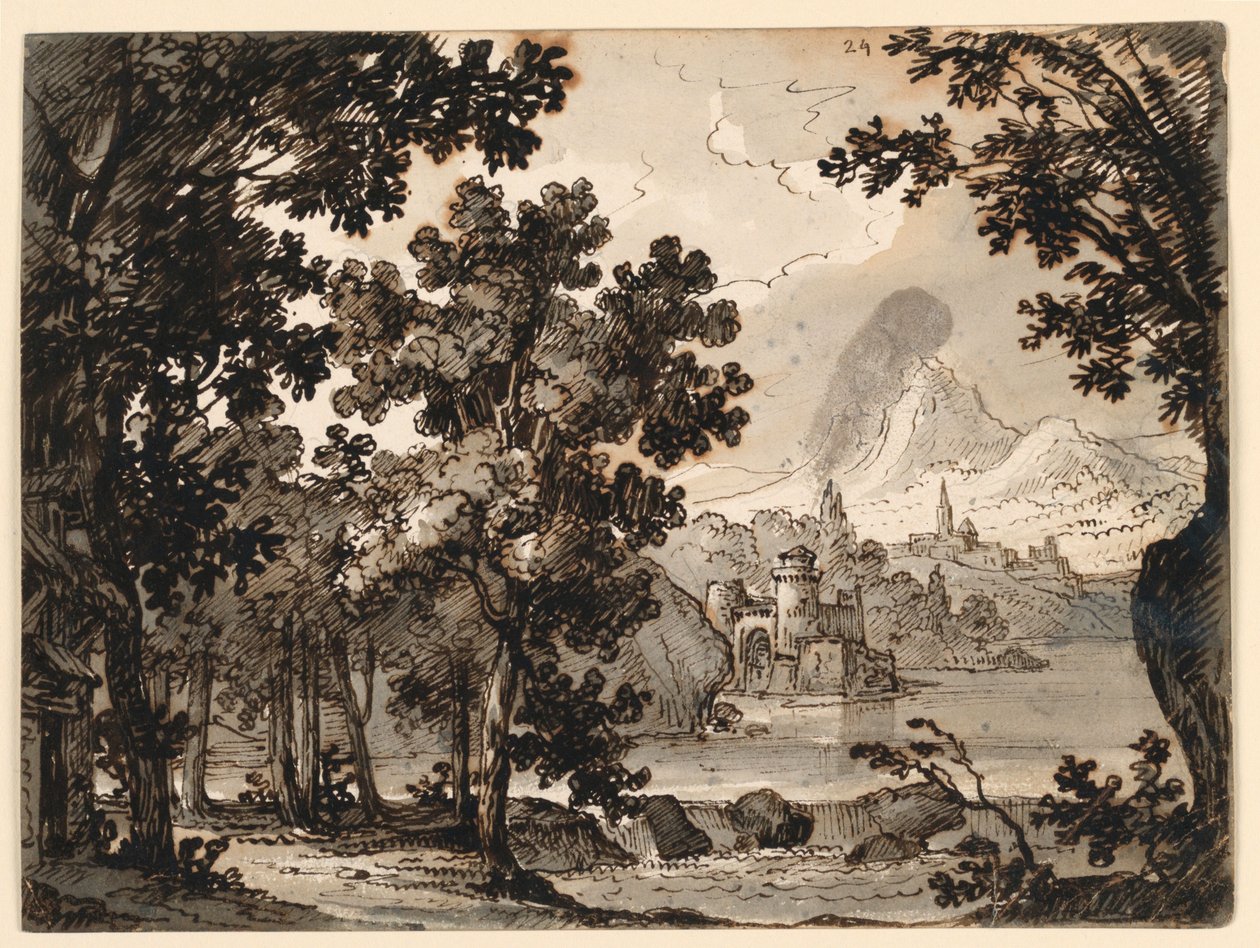 Scenedesign: Landskap med hytte, for Opera La Straniera av Romolo Achille Liverani