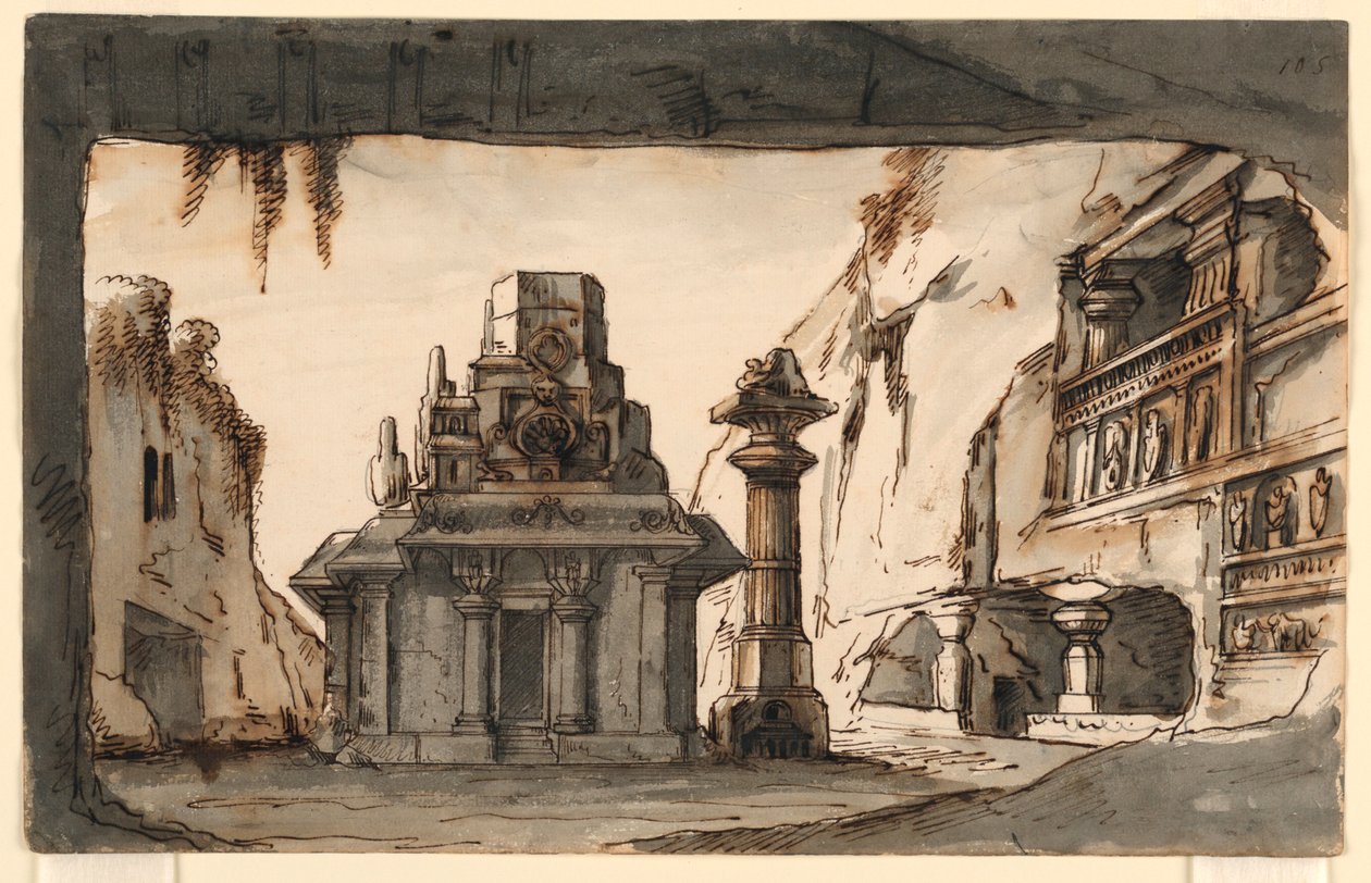 Scenedesign, orientalske bygninger blant huler og steiner av Romolo Achille Liverani