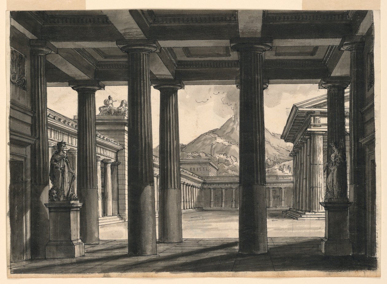Scenedesign for operaen "The Last Day of Pompeii," på La Scala, Milano, 1827 av Romolo Achille Liverani