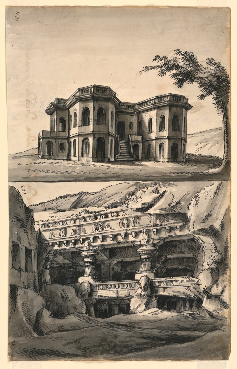 Scenedesign, slott i landskap og templer og huler av Romolo Achille Liverani
