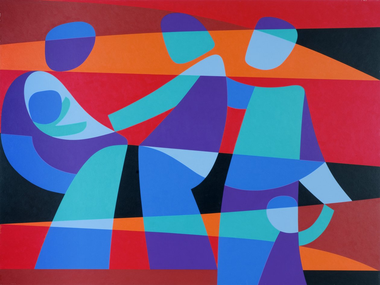 Lær oss å sitte stille, 1989 (akryl om bord) av Ron Waddams