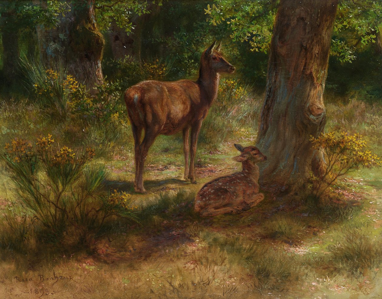 Rådyr og fawn i skogen av Rosa Bonheur