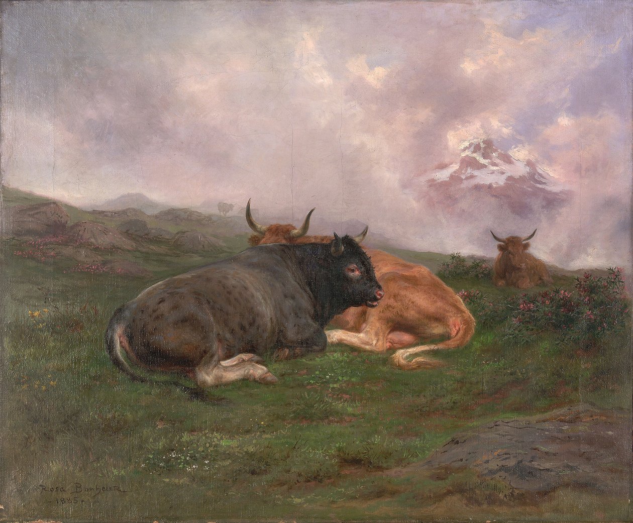 Storfe i hvile på en åsside i Alpene, 1885 av Rosa Bonheur