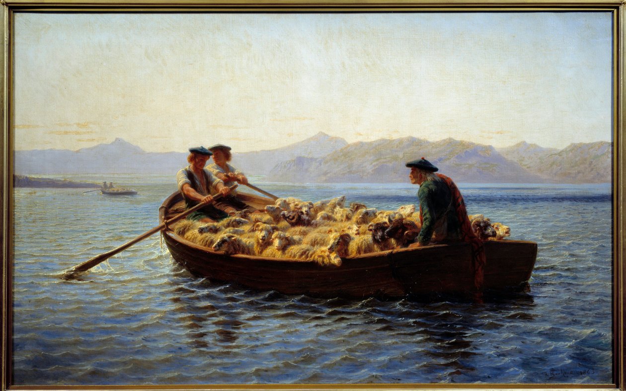 Endring av beite. Hyrder gikk ombord i flokken med sauer for å ta dem til den andre bredden. Maleri av Rosa Bonheur (1822-1899) av Rosa Bonheur