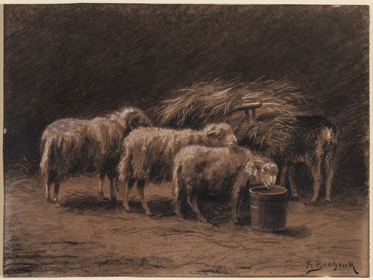 Et par sauer og en vær i en stall av Rosa Bonheur