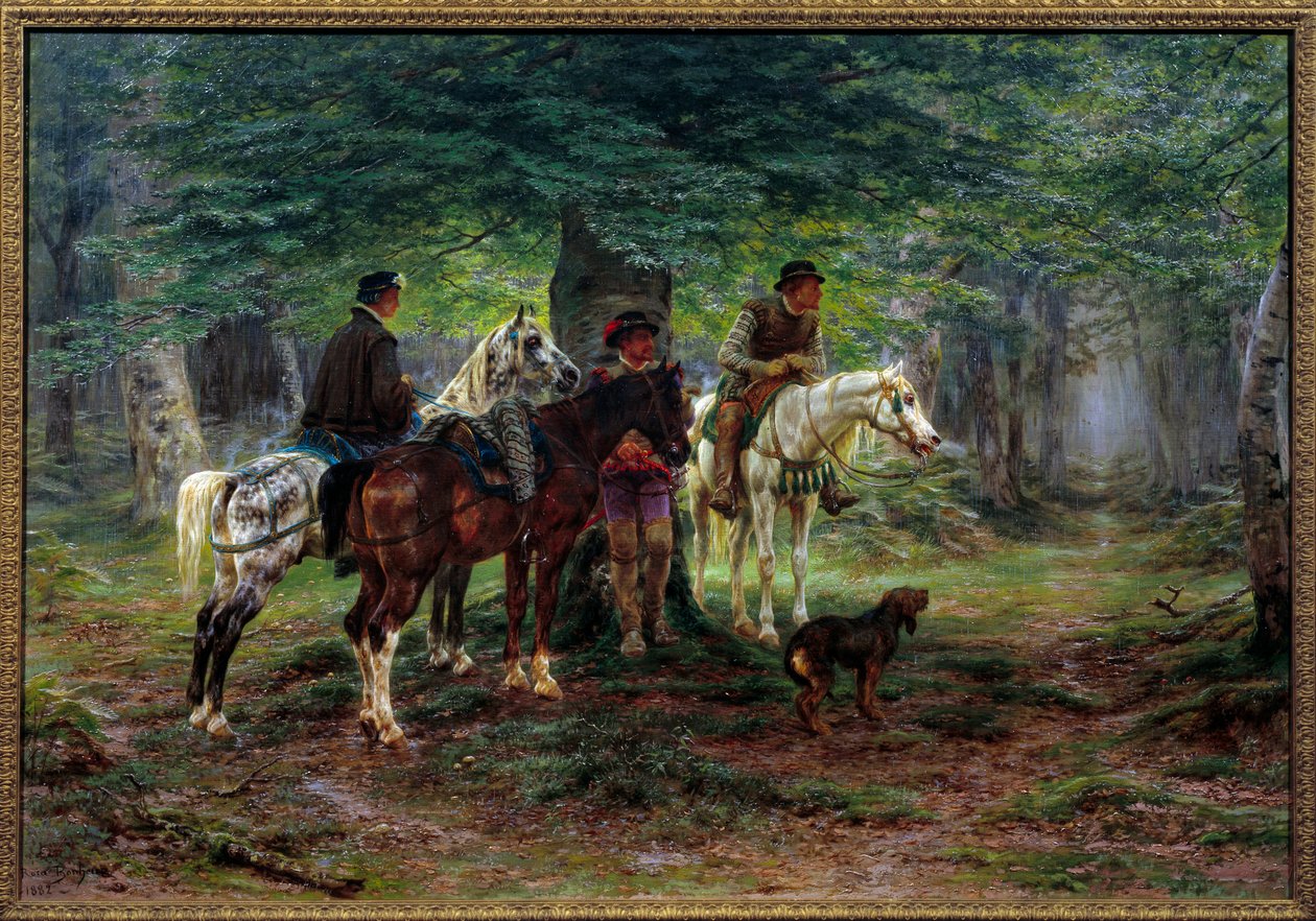 Ryttere overrasket av et regn (1600-tallet). I en skog gjemmer menn på hesteryggen under et tre og venter på at regnet skal slutte å falle. Maleri av Rosa Bonheur (1822-1899) av Rosa Bonheur