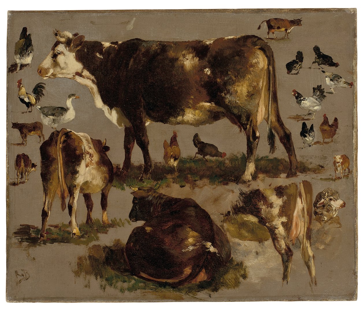 Studier av kyr, høner, haner, en gås og en sau (olje på lerret) av Rosa Bonheur