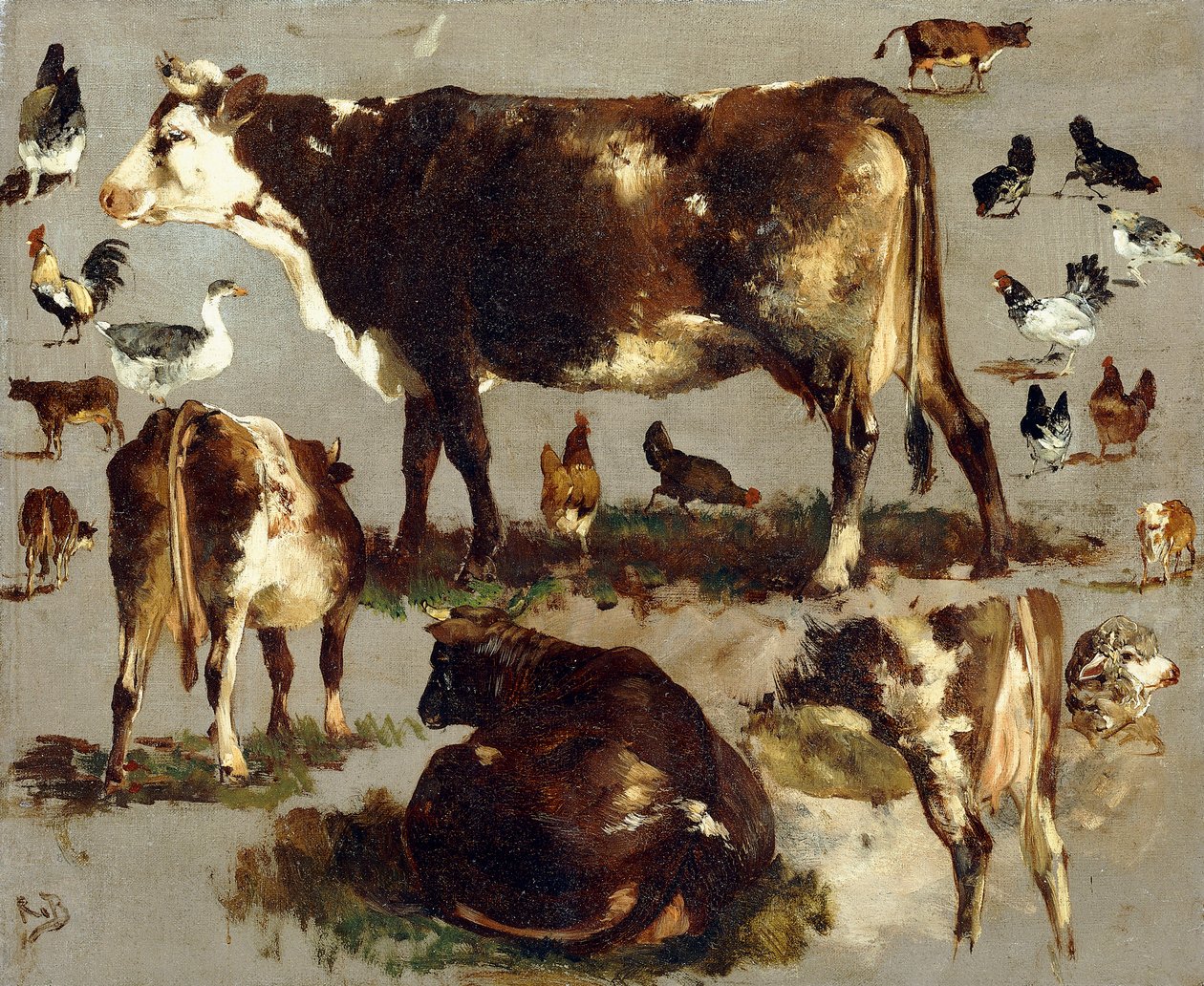 Studier av kyr, høner, haner, en gås og en sau, av Rosa Bonheur