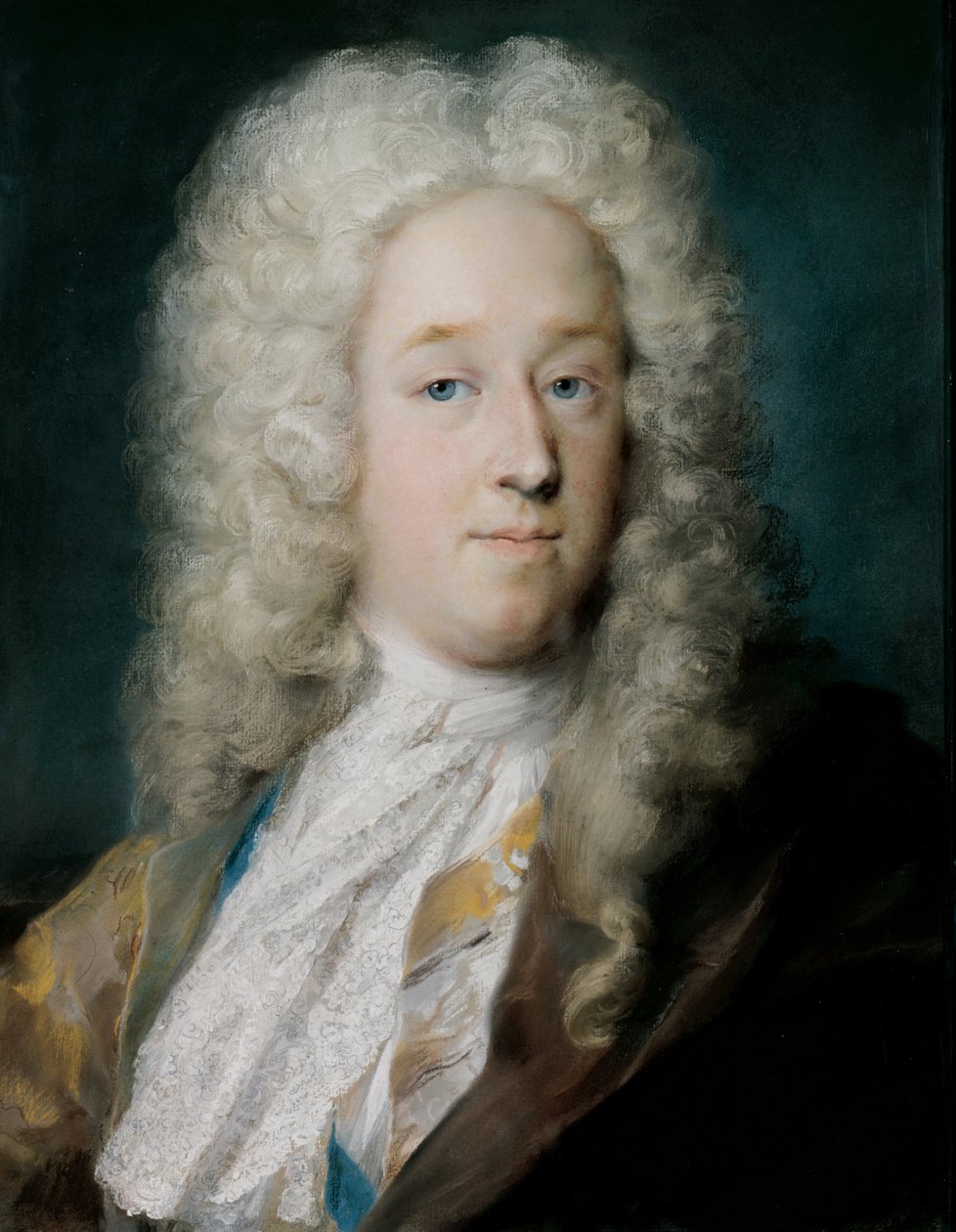 En herre i en gullmønstret frakk og fiolettbrun kappe (ca. 1727) av Rosalba Giovanna Carriera