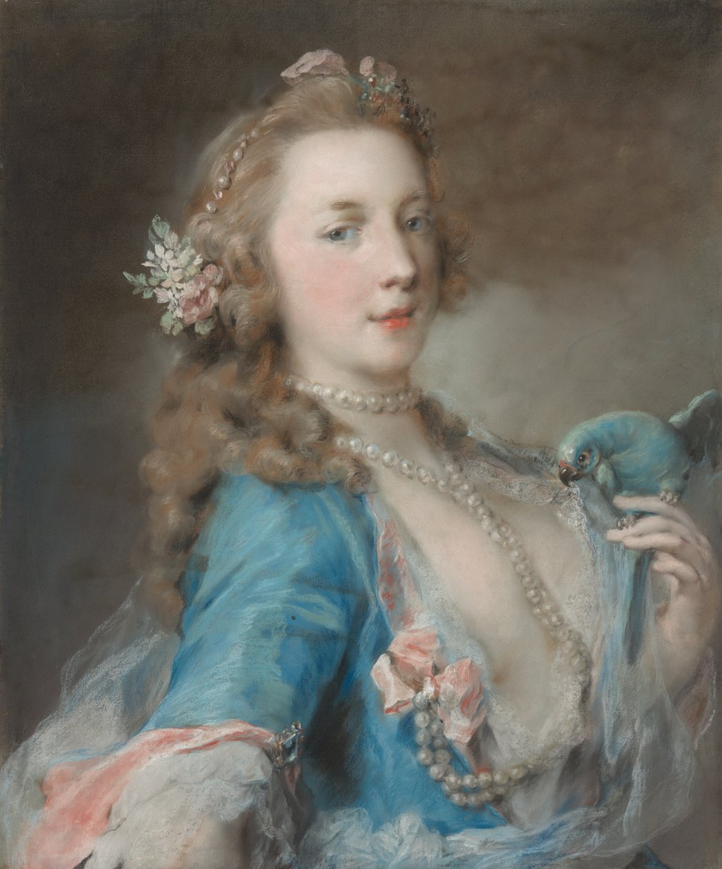 En ung dame med en papegøye av Rosalba Carriera