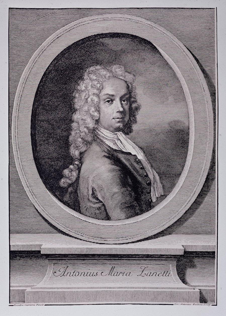 Portrett av Antonio Maria Zanetti, italiensk tegneserieskaper (gravering av Rosalba Giovanna (after) Carriera