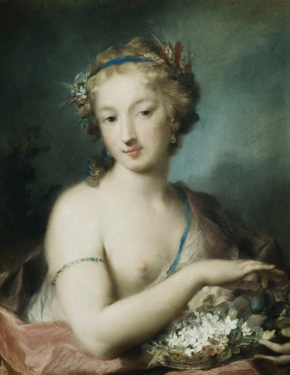 Flora, halv lengde, holder plommer, av Rosalba Giovanna Carriera