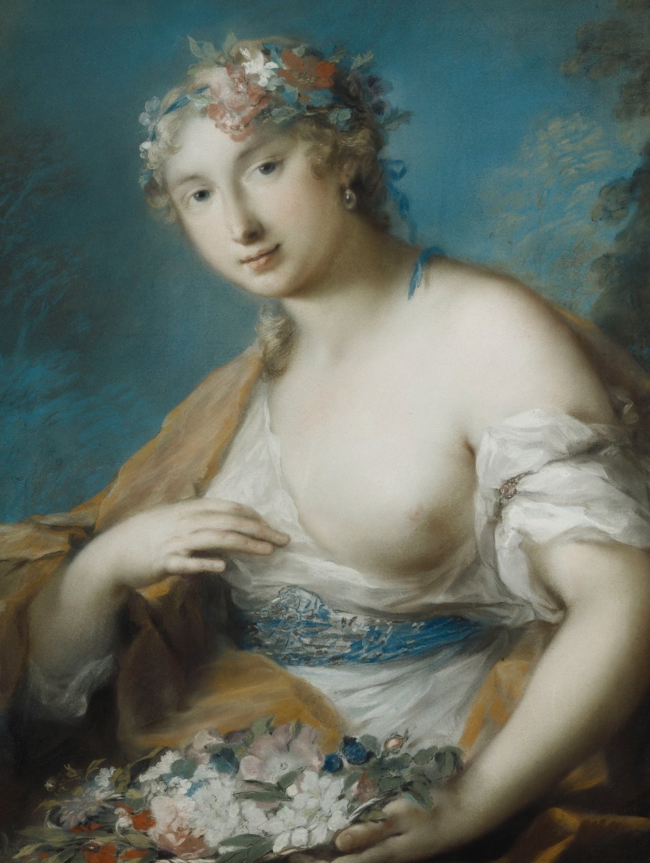Flora, halv lengde, holder en kurv med blomster, av Rosalba Giovanna Carriera